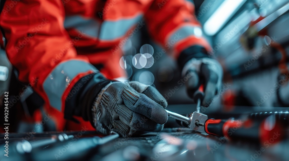 A close-up image of a worker's hands fixing machinery using various tools, representing industry, repair work, technical proficiency, and the blue-collar workforce. A close-up image of a worker's hands fixing machinery using various tools, representing industry, repair work, technical proficiency, and the blue-collar workforce.
