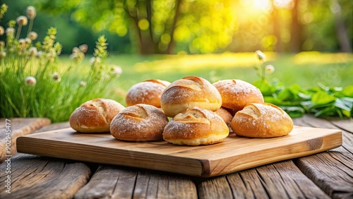 Freshly baked rolls with a crispy crust on a wooden board outdoors, bread, bakery, food, crust, delicious, fresh, lunch, snack