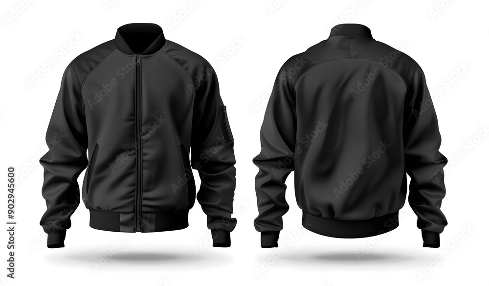 Black track jacket with zipper, front and back view isolated on white ...