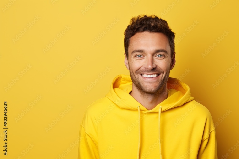 Portrait of a smiling man in his 30s wearing a thermal fleece pullover in pastel yellow background Portrait of a smiling man in his 30s wearing a thermal fleece pullover in pastel yellow background
