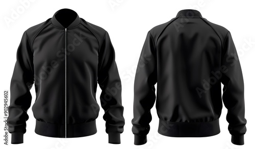 Black track jacket with zipper, front and back view isolated on white background, mockup template for design presentation. Mock up template of sweatshirt sport , 