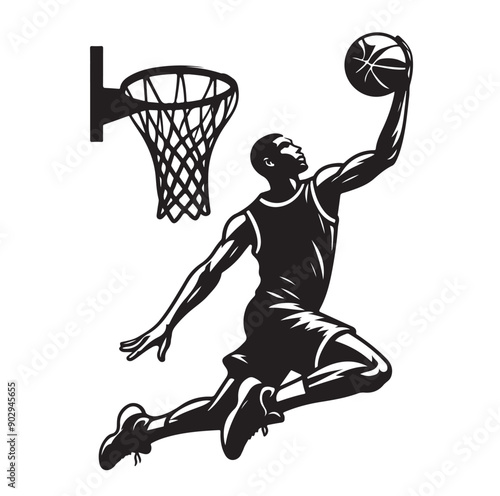 A black and white picture of a basketball player with the ball in his hand silhouette  