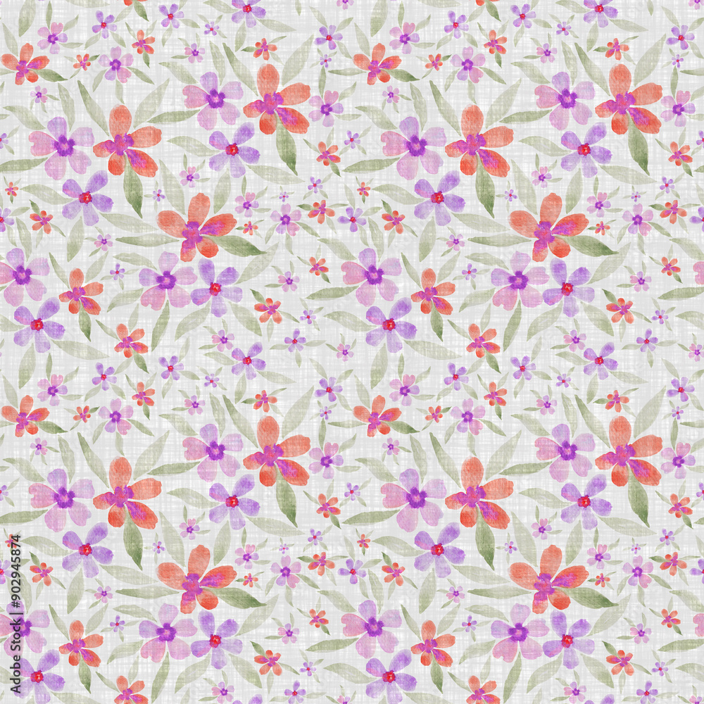 Fototapeta premium Hand drawn watercolor beautiful orange purple allover floral print pattern 