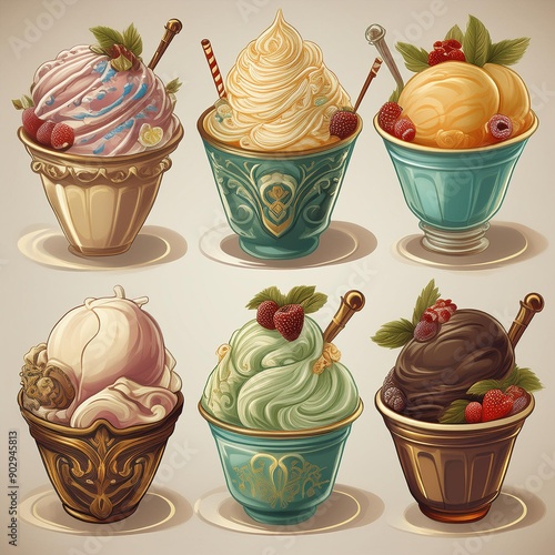 Set of different ice creams, sundaes, gelatos. photo