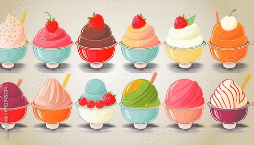 Set of different ice creams, sundaes, gelatos. photo