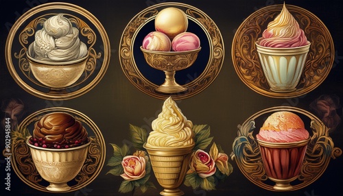 Set of different ice creams, sundaes, gelatos. photo