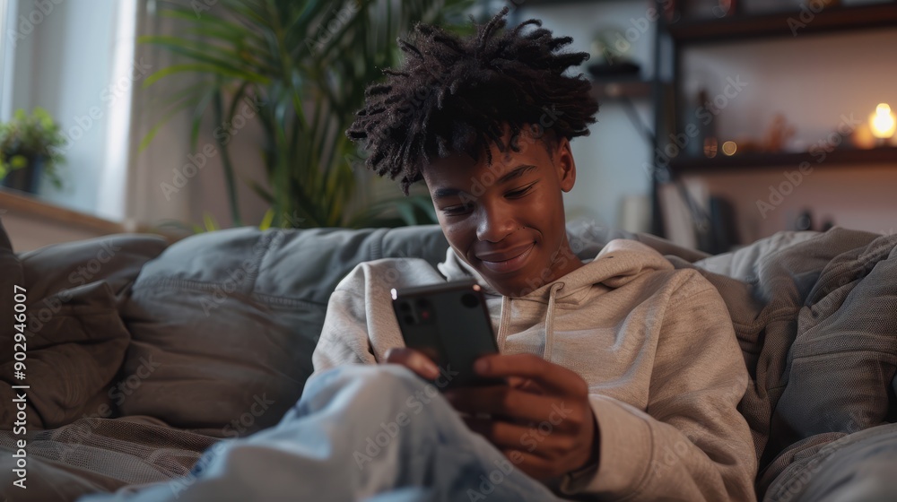 Happy relaxed gen z African American teen sitting on couch at home holding smartphone, using cell phone mobile apps, shopping or playing game. Social media influence concept. Authentic, Generative AI Happy relaxed gen z African American teen sitting on couch at home holding smartphone, using cell phone mobile apps, shopping or playing game. Social media influence concept. Authentic, Generative AI