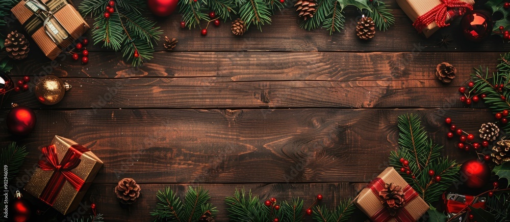 Festive holiday arrangement with gifts evergreen branches and ornaments on a rustic wooden backdrop Represents Christmas winter and New Year festivities Overhead view with ample space for text or ima Festive holiday arrangement with gifts evergreen branches and ornaments on a rustic wooden backdrop Represents Christmas winter and New Year festivities Overhead view with ample space for text or ima