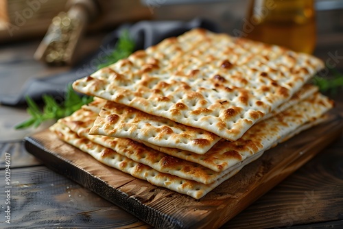 Freshly Baked Matzah Stacked on a Wooden Board