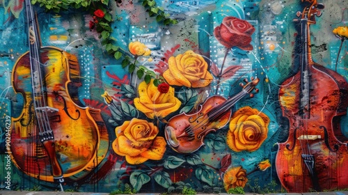 Wallpaper Mural Vibrant Street Art Mural with Music Instruments and Roses Torontodigital.ca