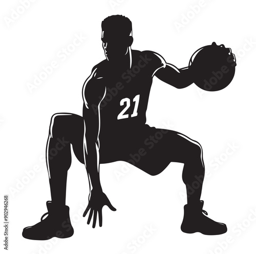 A black and white picture of a basketball player with the ball in his hand silhouette  