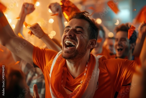 Passionate fan cheers in a room filled with orange confetti. Caucasian man wearing orange jersey and team scarf celebrates with friends and family in a warm indoor setting.