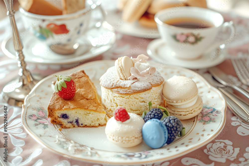 An assortment of gourmet pastries and desserts on a white plate. Generative AI. An assortment of gourmet pastries and desserts on a white plate. Generative AI.