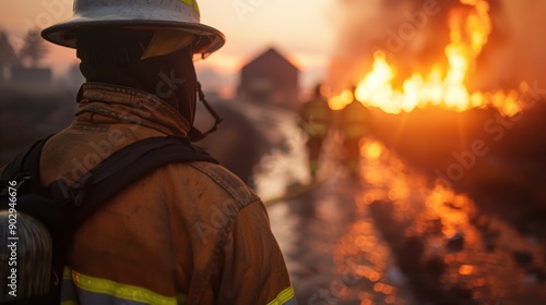 The image depicts a firefighter in protective gear battling a major fire with flames in the foreground, accompanied by colleagues fighting the blaze in the background. photo