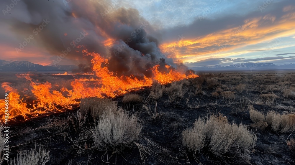 Fototapeta premium An expansive field is dramatically illuminated by a spreading wildfire, with smoke and flames creating a breathtaking yet devastating scene against a vibrant sunset backdrop.