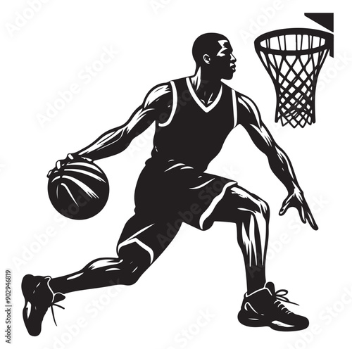 A black and white picture of a basketball player with the ball in his hand silhouette  