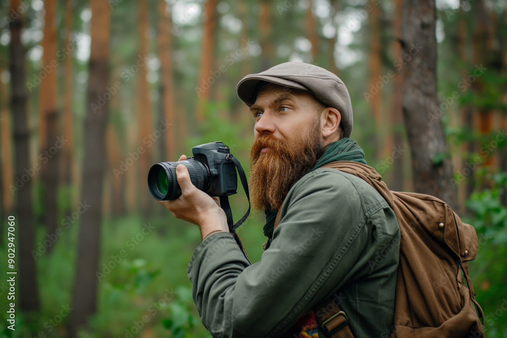 A bearded explorer with a camera enjoys the woods, capturing photos of birds and nature. A bearded explorer with a camera enjoys the woods, capturing photos of birds and nature.