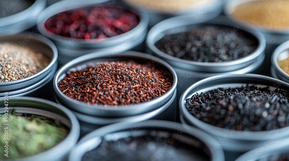 Close-up of tin cans filled with various spices and herbs, showcasing the vibrant colors and diverse textures of culinary ingredients for gourmet cooking. Close-up of tin cans filled with various spices and herbs, showcasing the vibrant colors and diverse textures of culinary ingredients for gourmet cooking.