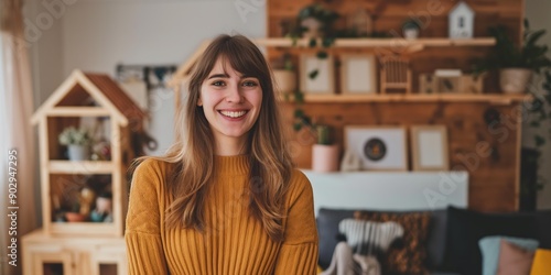 Smiling housewife posing in a modern living room with wooden interior trinkets.