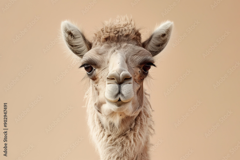 Fototapeta premium Portrait of alpaca, beige background