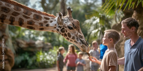 Children feeding a funny giraffe at the zoo, having a memorable summer day.