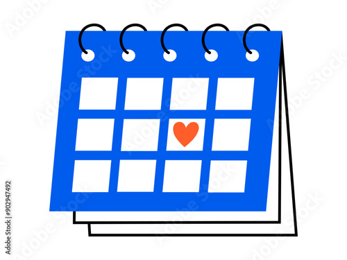 Hand drawn cute cartoon illustration of calendar with heart on 14 February. Flat vector date planning in colored doodle style. Valentines day reminder icon or print. Romantic event schedule. Isolated.