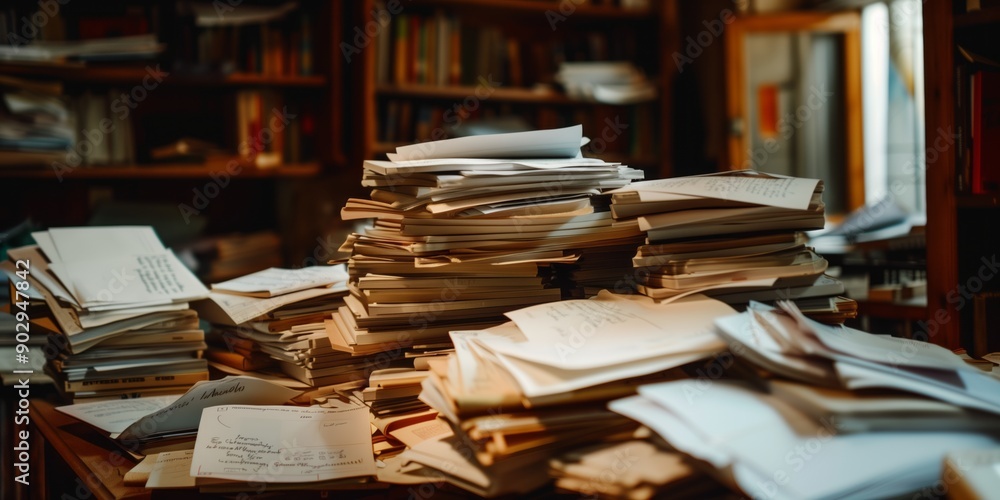 Obraz premium Una scrivania in disordine con pile di libri, carte e documenti, che riflette un ambiente di studio o lavoro intenso e disorganizzato. Perfetto per illustrare caos e produttività.