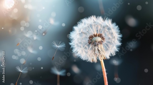 This detailed image captures a close-up view of a dandelion, emphasizing its intricate structure and the gentle dispersal of seeds into the soft atmospheric background.