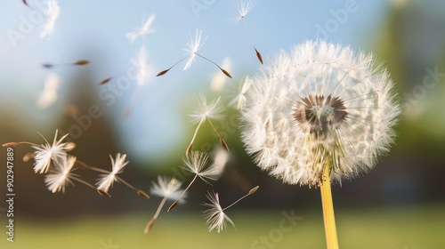 A close-up of a single dandelion with its seeds gracefully floating away, set against a blurred natural background, symbolizing freedom, wishes, and the passage of time.