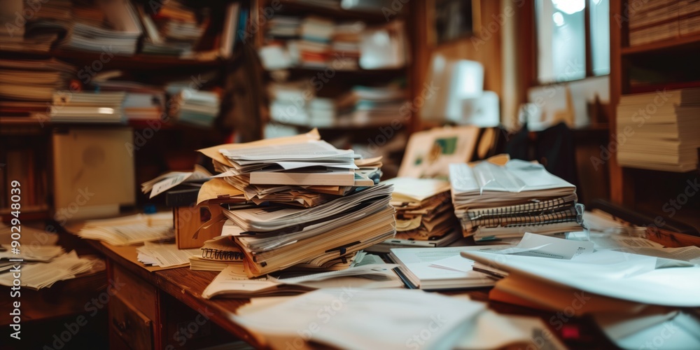 Una scrivania in disordine con pile di libri, carte e documenti, che riflette un ambiente di studio o lavoro intenso e disorganizzato. Perfetto per illustrare caos e produttività. Una scrivania in disordine con pile di libri, carte e documenti, che riflette un ambiente di studio o lavoro intenso e disorganizzato. Perfetto per illustrare caos e produttività.