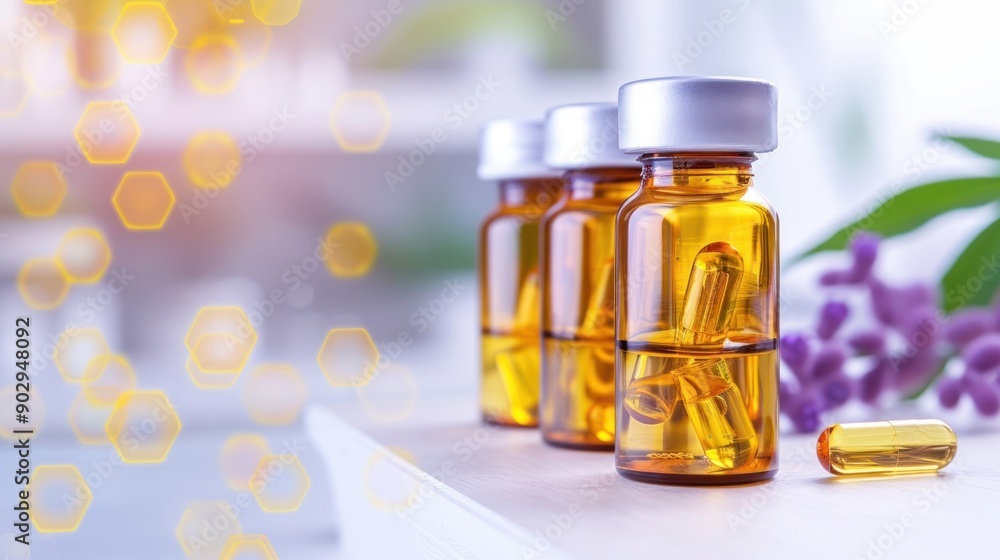A close-up of amber glass bottles with yellow capsules, set against a soft background with bokeh effects and green foliage. A close-up of amber glass bottles with yellow capsules, set against a soft background with bokeh effects and green foliage.