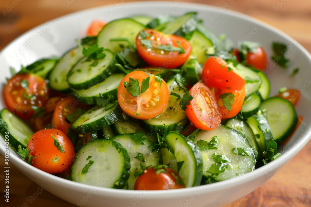 Cucumber and Tomato Salad with Parsley in White Bowl Cucumber and Tomato Salad with Parsley in White Bowl