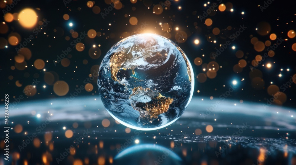 A stunning view of Earth from space, illuminated by glowing particles, emphasizing its beauty and fragility in the vast universe. A stunning view of Earth from space, illuminated by glowing particles, emphasizing its beauty and fragility in the vast universe.