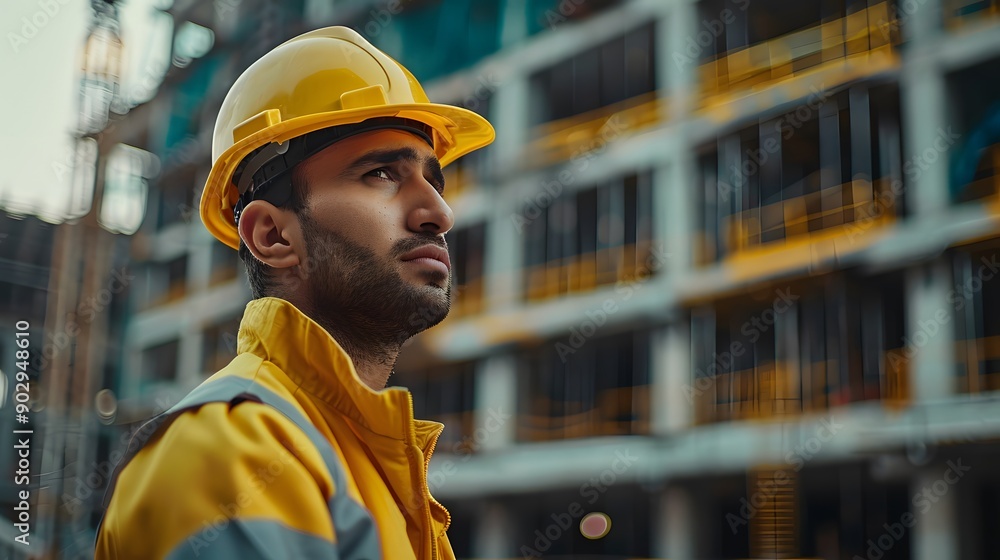 Construction Worker Contemplating Amidst a Cityscape Construction Worker Contemplating Amidst a Cityscape