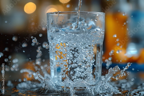 Glass of water, close up. Purified transparent water dynamically with splashes pours into glass on blurred background with bokeh. Concept of purified water, refreshment