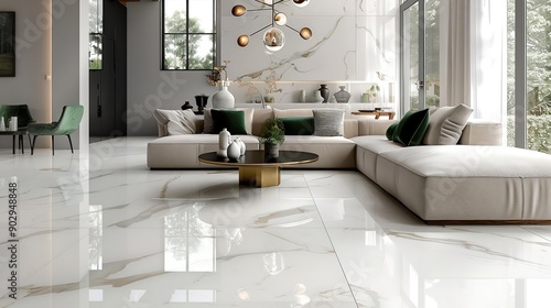 Luxury Living Room with White Marble Tile Flooring