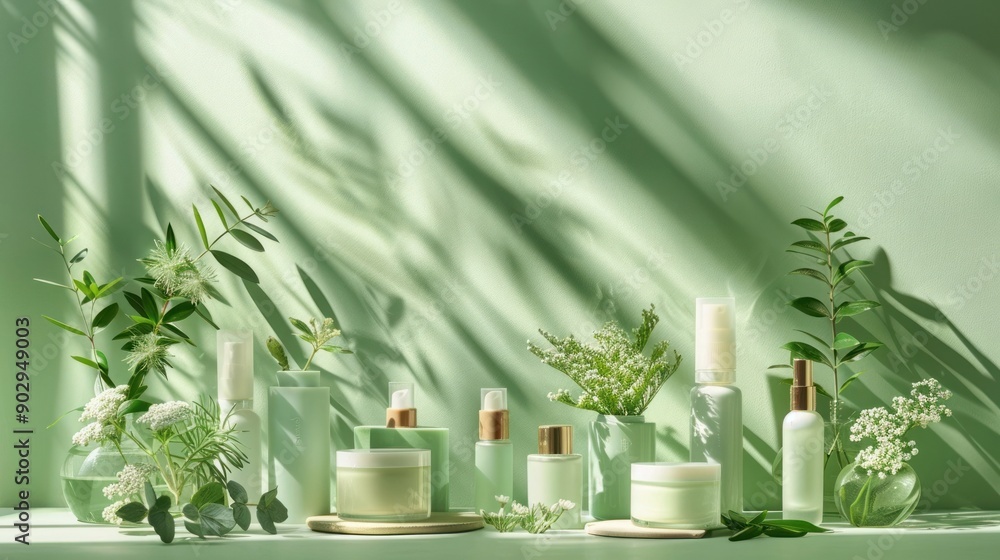 Elegant composition of natural skincare products and green plants in sunlight. Ideal for wellness, beauty, and nature-focused topics. Elegant composition of natural skincare products and green plants in sunlight. Ideal for wellness, beauty, and nature-focused topics.