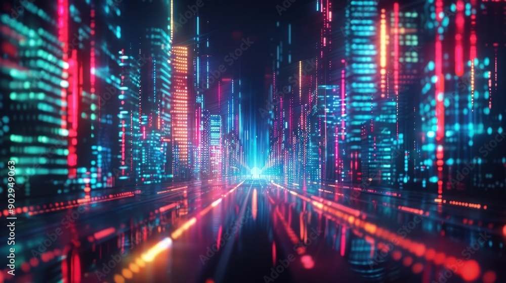Futuristic cityscape with glowing neon lights and high-tech buildings in a digital urban environment at night. Futuristic cityscape with glowing neon lights and high-tech buildings in a digital urban environment at night.