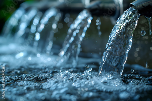 Purified water with splashes dynamically flows from faucets and fills reservoir for industrial use close up. Concept of water purification actions