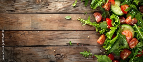 A rustic wooden backdrop enhances a vibrant vegetable salad with empty space for text or other elements in the image. Creative banner. Copyspace image