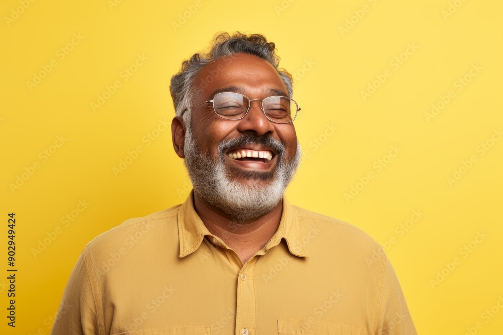 Fototapeta premium Portrait of a content indian man in his 50s wearing a comfy flannel shirt on pastel yellow background