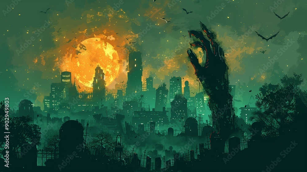 Obraz premium Eerie Nighttime Cityscape Under a Full Moon With a Rising Zombie Hand