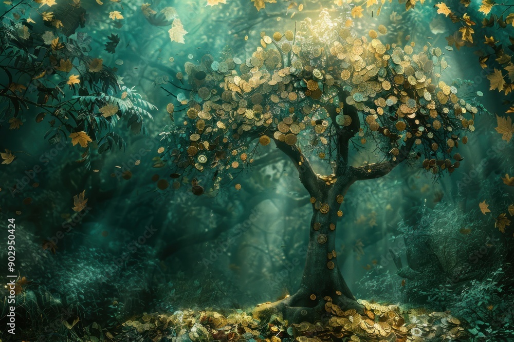 A tree with branches made of coins and leaves made of banknotes, symbolizing financial growth and prosperity in a magical forest. A tree with branches made of coins and leaves made of banknotes, symbolizing financial growth and prosperity in a magical forest.