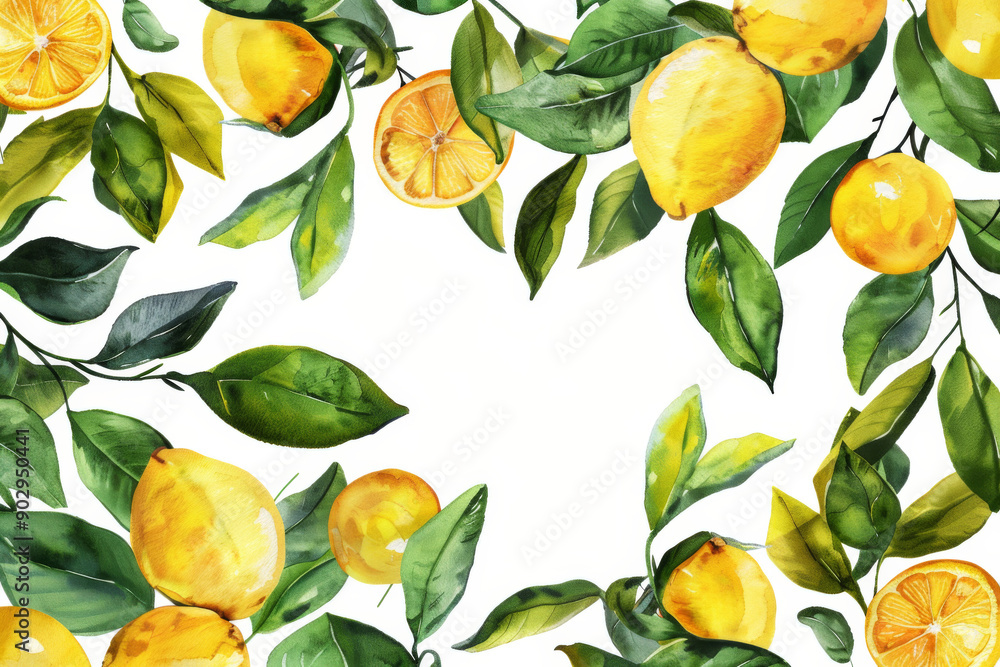 Watercolor illustration of yellow lemons with green leaves on white background Watercolor illustration of yellow lemons with green leaves on white background