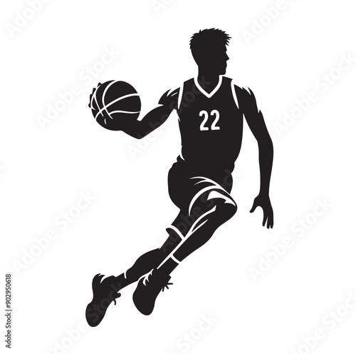 A black and white picture of a basketball player with the ball in his hand silhouette  