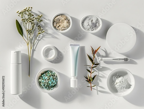 White Cosmetic Products and Green Plants on a White Background - Flat Lay Illustration photo