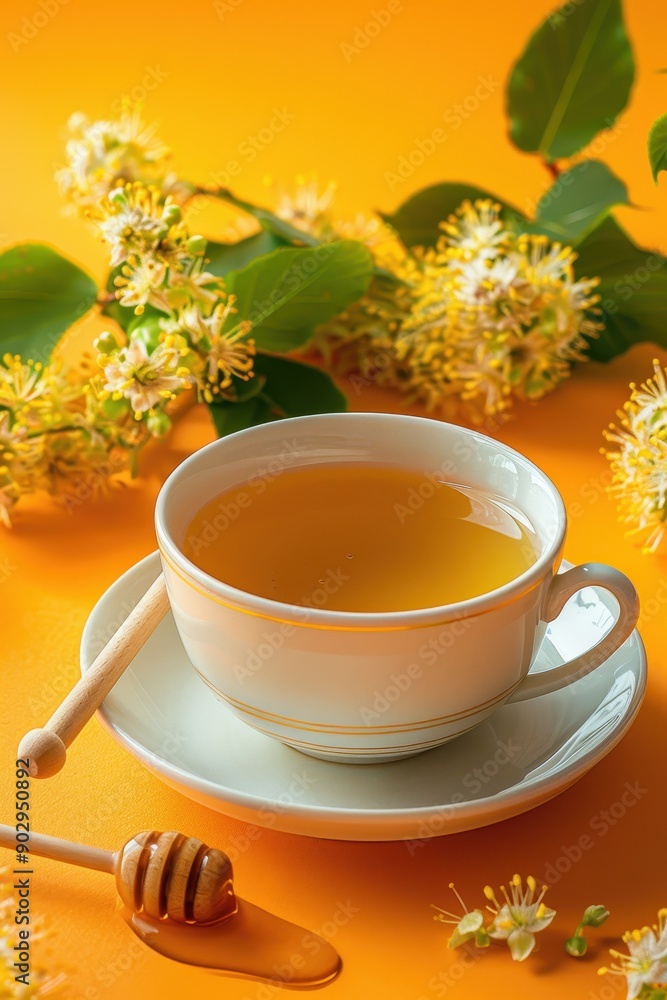 A cup of tea is sitting on a table with a spoon and a jar of honey. The table is covered in flowers and leaves, creating a warm and inviting atmosphere. Concept of relaxation and comfort, as the tea A cup of tea is sitting on a table with a spoon and a jar of honey. The table is covered in flowers and leaves, creating a warm and inviting atmosphere. Concept of relaxation and comfort, as the tea