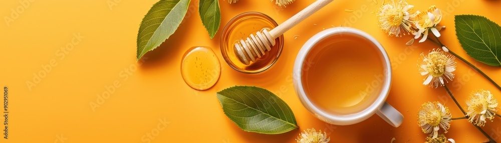 A cup of tea is sitting on a table with a spoon and a jar of honey. The table is covered in flowers and leaves, creating a warm and inviting atmosphere. Concept of relaxation and comfort, as the tea A cup of tea is sitting on a table with a spoon and a jar of honey. The table is covered in flowers and leaves, creating a warm and inviting atmosphere. Concept of relaxation and comfort, as the tea