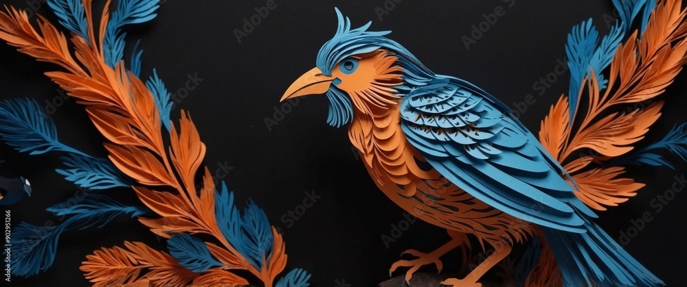 Fototapeta premium A bird with blue and orange feathers is standing on a black background.