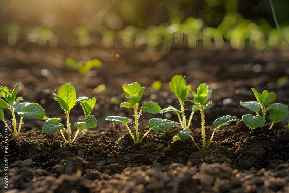 Sunlight illuminating young green plants growing in rich brown soil Sunlight illuminating young green plants growing in rich brown soil
